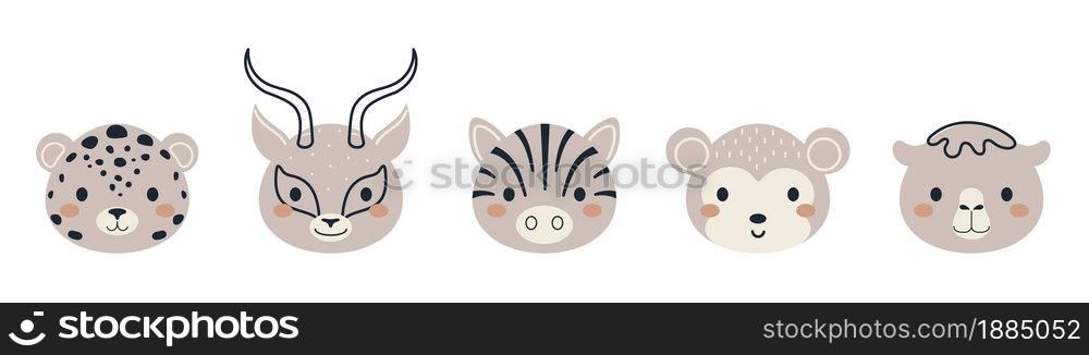 Set of cute african animal heads in scandinavian style. Collection funny animals characters for kids cards, baby shower, birthday invitation, house interior. Bohemian childish vector illustration.