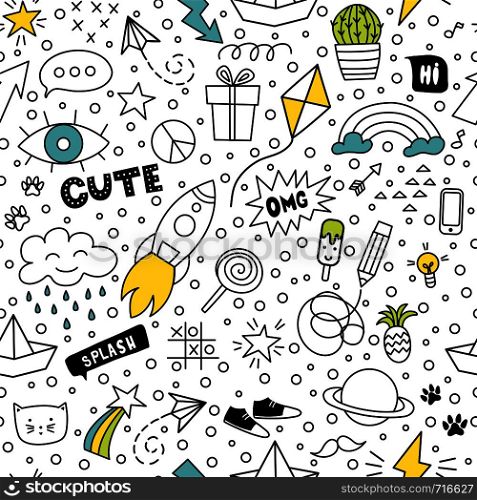 Set of cute and colorful doodle hand drawing on white background. Vector seamless pattern.