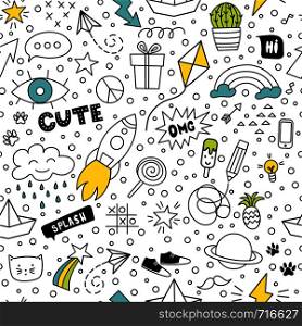 Set of cute and colorful doodle hand drawing on white background. Vector seamless pattern.