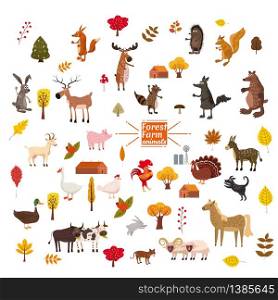 Set of cute and cute farm and forest animals, fox, bear, wolf, pig, rabbit, cat raccoon. Set of cute and cute farm and forest animals, fox, bear, wolf, pig, rabbit, cat, raccoon, cow, horse, bull, cow, squirrel, cartoon style, greeting card, illustration, vector, banner, isolated