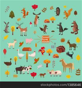 Set of cute and cute farm and forest animals, fox, bear, wolf, pig, rabbit, cat raccoon. Set of cute and cute farm and forest animals, fox, bear, wolf, pig, rabbit, cat, raccoon, cow, horse, bull, cow, squirrel, cartoon style, greeting card, illustration, vector, banner, isolated