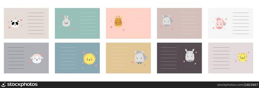 Set of cute animal faces. Colorful cards, stickers with different animals and a place for writing in the Scandinavian style. Panda and hare, zebra and unicorn, lion and tiger. Vector. childrens decor