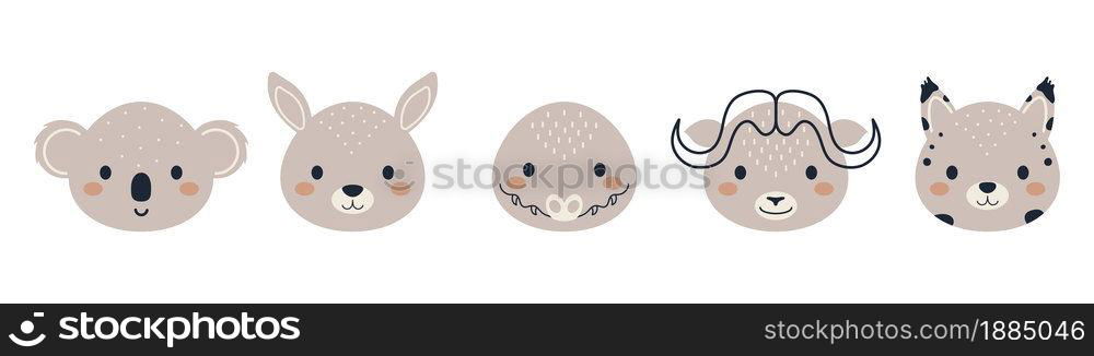 Set of cute animal heads in scandinavian style. Collection funny animals characters for kids cards, baby shower, birthday invitation, house interior. Bohemian childish vector illustration.