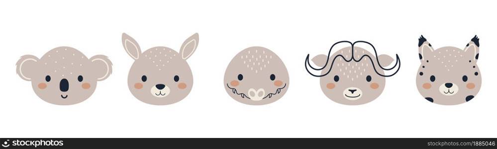 Set of cute animal heads in scandinavian style. Collection funny animals characters for kids cards, baby shower, birthday invitation, house interior. Bohemian childish vector illustration.