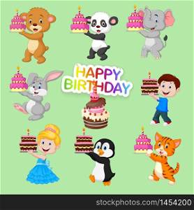 Set of cute animals and kids for happy birthday design