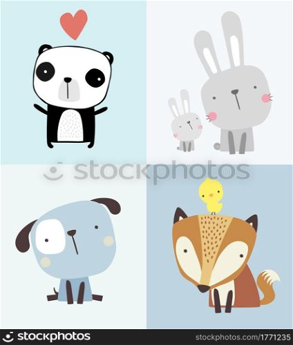 set of cute animals illustration. Panda, rabbit, fox and puppy. Hand drawn style. can be used for nursery decoration, baby and kids wear, fashion print design