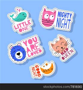 Set of cute animals stickers, pins, patches and handwritten collection in cartoon style. Funny greetings for clothes, card, badge, icon, postcard, banner, tag, stickers, print.