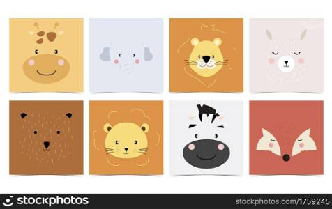 Set of cute animals with elephant,giraffe,lion,bear,fox,llama.Vector illustration for baby invitation, kid birthday invitation and postcard