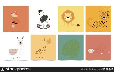 Set of cute animals with fox,leopard,lion,llama,zebra,giraffe.Vector illustration for baby invitation, kid birthday invitation and postcard