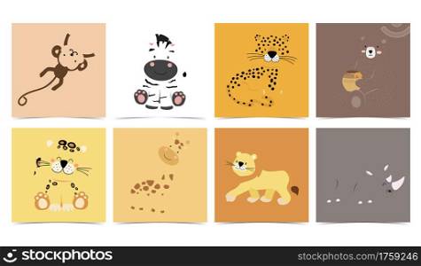 Set of cute animals with monkey,leopard,lion,bear,zebra,rhino.Vector illustration for baby invitation, kid birthday invitation and postcard