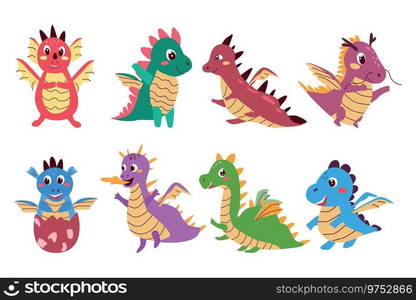 Set of Cute baby dragons. Happy fairy animals. Vector illustration with tale dinosaur or dragons in cartoon style. 