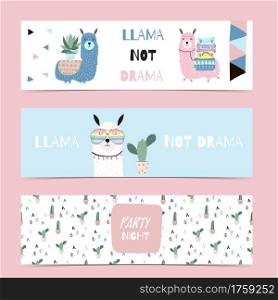 Set of cute banner with llama and cactus.Vector illustration for baby invitation, kid birthday invitation,banner and postcard