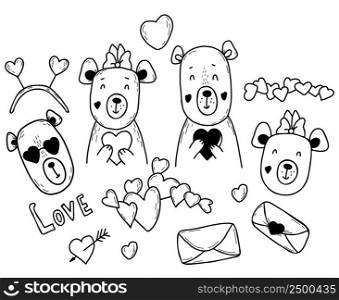 Set of cute bears in love. Girl and boy bear, heart and letter. Vector illustration. Isolated elements in style of hand drawn linear doodles for design, decor, greeting cards and valentines