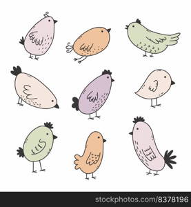 Set of cute birds. Vector doodle illustration. Sketch elements for postcard.