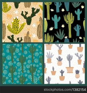 Set of cute cactus seamless pattern. Collection cacti exotic sketch wallpaper. Design for fabric, textile print, wrapping paper, fashion, interior, cover. Creative vector illustration.. Set of cute cactus seamless pattern. Collection cacti exotic sketch wallpaper.