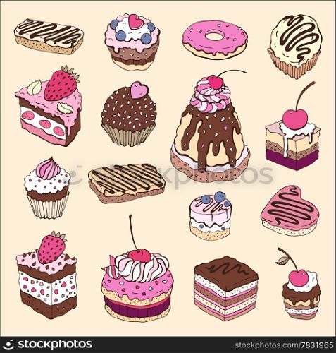 Set of cute cake. Multicolored Vector illustration