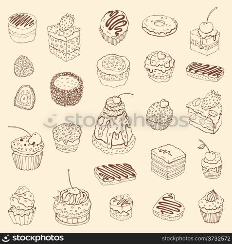 Set of cute cake. Outline Vector illustration