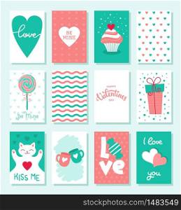 Set of cute cards for Valentine&rsquo;s day. Decor for the holiday. Flat vector stock illustration.White background