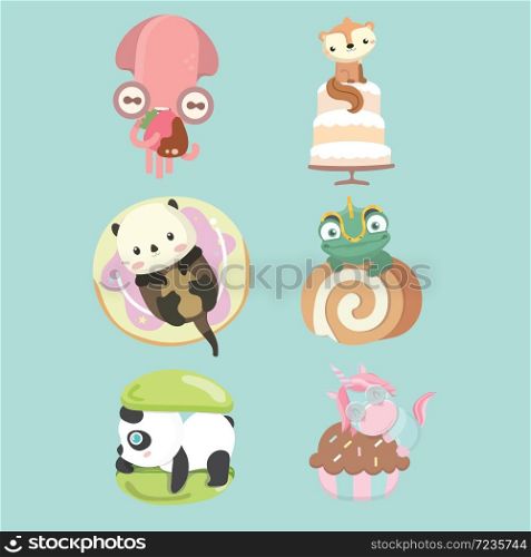 Set of cute cartoon animal with dessert.