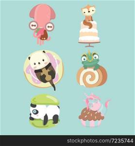 Set of cute cartoon animal with dessert.