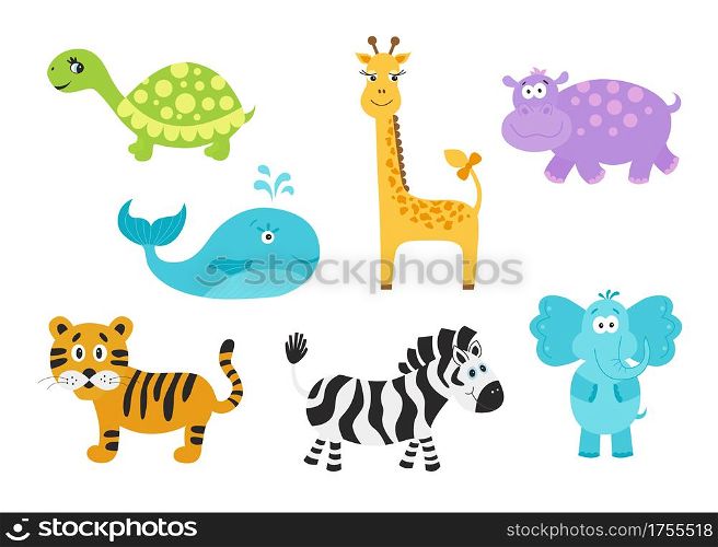 Set of cute cartoon animals for baby goods. Giraffe, elephant, hippo, turtle; tiger; zebra; whale in flat style. Funny icons. Vector illustration isolated on white background.