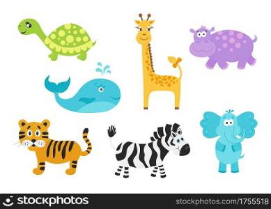 Set of cute cartoon animals for baby goods. Giraffe, elephant, hippo, turtle; tiger; zebra; whale in flat style. Funny icons. Vector illustration isolated on white background.
