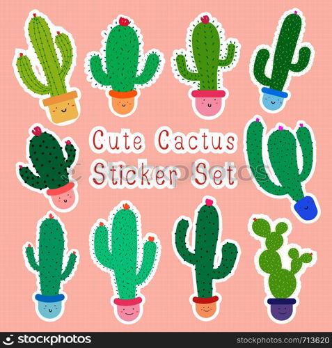 Set of cute cartoon cactus stickers with happy faces in pots, Kawaii cactus for kids, Vector illustration.