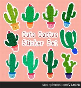 Set of cute cartoon cactus stickers with happy faces in pots, Kawaii cactus for kids, Vector illustration.