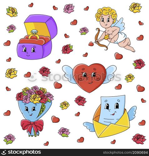 Set of cute cartoon characters. Valentine&rsquo;s Day clipart. Hand drawn. Colorful pack. Vector illustration. Patch badges collection. Label design elements. For daily planner, diary, organizer.