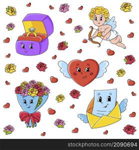 Set of cute cartoon characters. Valentine&rsquo;s Day clipart. Hand drawn. Colorful pack. Vector illustration. Patch badges collection. Label design elements. For daily planner, diary, organizer.