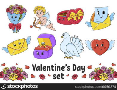 Set of cute cartoon characters. Valentine’s Day clipart. Hand drawn. Colorful pack. Vector illustration. Patch badges collection. Label design elements. For daily planner, diary, organizer.