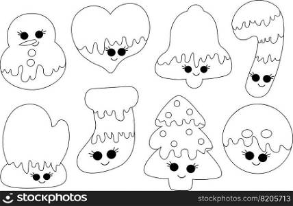 Set of cute cartoon gingerbread cookies in black and white