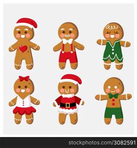 Set of cute cartoon gingerbread man cookies Clip-art. Christmas vector illustration.