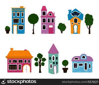 Set of cute cartoon houses and trees, sweet home, bright juicy colors, vector flat illustration in scandinavian style. cute cartoon houses