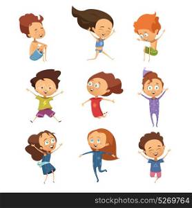 Set Of Cute Cartoon Jumping Kids . Set of isolated cute cartoon images of funny jumping little boys and girls in retro style flat vector illustration