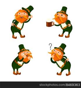 Set of cute cartoon leprechaun holding glass of beer, crying, thinking and greeting