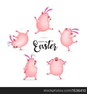 Set of cute cartoon pig dancing decorated with rabbit ear. Easter holiday concept. Funny character design. Vector illustration isolated on white background.