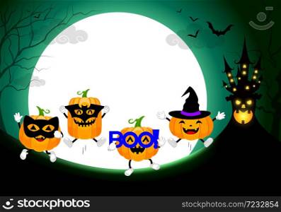 Set of cute cartoon pumpkin character design. Happy Halloween day concept with mask of black cat, bat, boo! and witch. Illustration full moon night background.