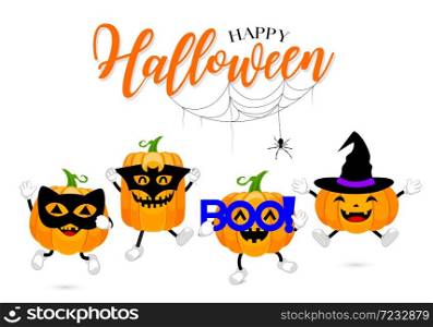 Set of cute cartoon pumpkin character design. Happy Halloween day concept with mask of black cat, bat, boo! and witch. Illustration isolated on white background.