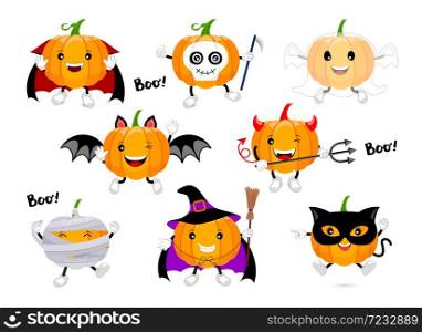 Set of cute cartoon pumpkin character design. Happy Halloween day concept with Dracula, skull, ghost, bat, devil, mummy, witch and black cat. Illustration isolated on white background.