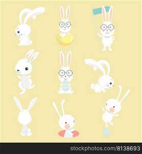 Set of cute cartoon rabbit in modern flat style. Animal character design.  . Set of cute cartoon rabbit in modern flat style.