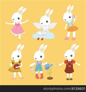 Set of cute cartoon rabbit in modern flat style. Animal character design.  . Set of cute cartoon rabbit in modern flat style. 