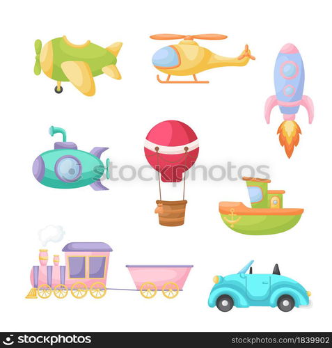 Set of cute cartoon transport. Collection of vehicles for design of childrens book, album, baby shower, greeting card, party invitation, house interior. Bright colored childish vector illustration.