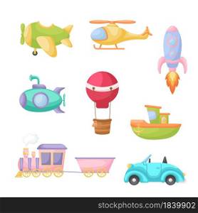Set of cute cartoon transport. Collection of vehicles for design of childrens book, album, baby shower, greeting card, party invitation, house interior. Bright colored childish vector illustration.
