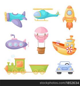 Set of cute cartoon transport. Collection of vehicles for design of childrens book, album, baby shower, greeting card, party invitation, house interior. Bright colored childish vector illustration.