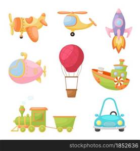 Set of cute cartoon transport. Collection of vehicles for design of kids rooms, clothing, album, card, baby shower, birthday invitation, house interior. Bright colored childish vector illustration.