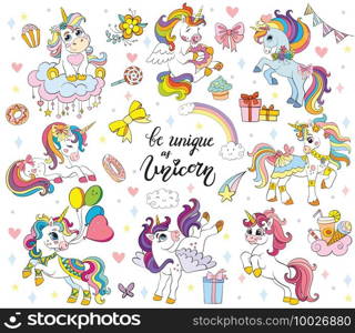 Set of cute cartoon unicorn with magic elements. Vector isolated illustration. For postcard, posters, nursery design, greeting card, stickers, room decor, nursery t-shirt, kids apparel, invitation,book. Set of cute cartoon unicorn vector illustration