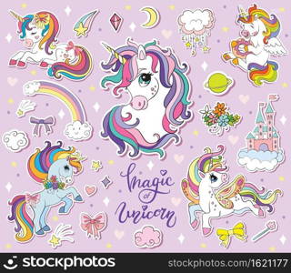Set of cute cartoon unicorn with magic elements. Vector isolated illustration. For postcard, posters, nursery design, greeting card, stickers, room decor, nursery t-shirt, kids apparel, invitation,book. Set of cute cartoon unicorn vector illustration