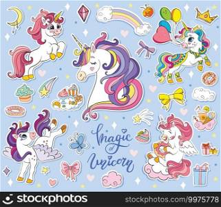 Set of cute cartoon unicorn with magic elements. Vector isolated illustration.For postcard, posters, nursery design, greeting card, stickers, room decor, nursery t-shirt, kids apparel, invitation,book. Set of cute cartoon unicorn vector illustration