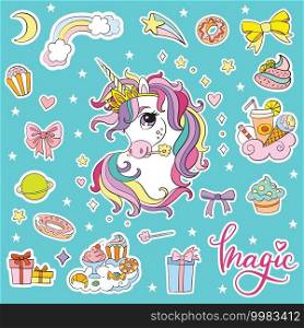 Set of cute cartoon unicorn with sweets and party elements. Vector isolated illustration. For postcard, posters, nursery design, greeting card, stickers, room decor, t-shirt, kids apparel, invitation. Set of cartoon unicorns head vector illustration